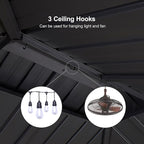 PURPLE LEAF 6.5' X 12' Hardtop Grill Gazebo for Patio Aluminum Barbeque Canopy with 24 Clear Light Bulbs and Shelves Double Tiered Grey Outdoor BBQ Gazebo