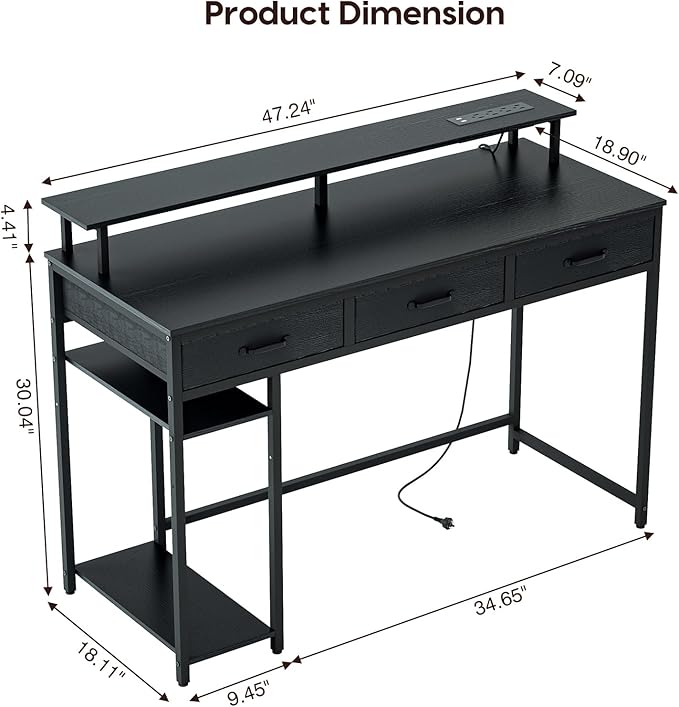 Computer Desk with Drawers and Storage Shelves, Home Office Desk with LED Lights & Power Outlets, Gaming Desk with Monitor Stand, Writing Study Desk, Kids Small Desk for Bedroom, Black