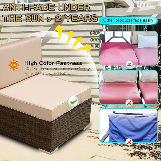 ClawsCover 3Pack Outdoor Seat Cushions Replacement Covers Fit for 4 Pieces Wicker Rattan Furniture Patio Conversation Set Loveseat Chair, 38x19x2,19x19x2,Light Khaki-Large(Include Cover Only)