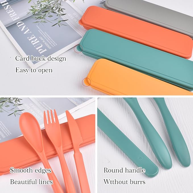 Reusable Travel Utensils Set with Case, 4 Sets Plastic Portable Knife Fork Spoons Tableware for Kids Adults Travel Picnic Camping Utensils