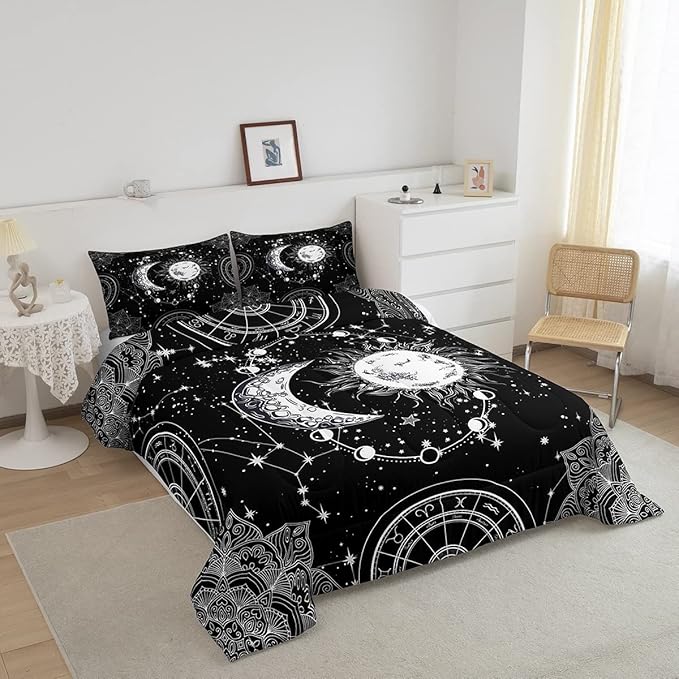 Sun and Moon Bedding Set Constellation Galaxy Comforter for Kids Boys Girls Teens Psychedelic Boho Mandala Comforter Breathable Celestial Duvet Set Black White Room Decor Quilt Cover Twin Size