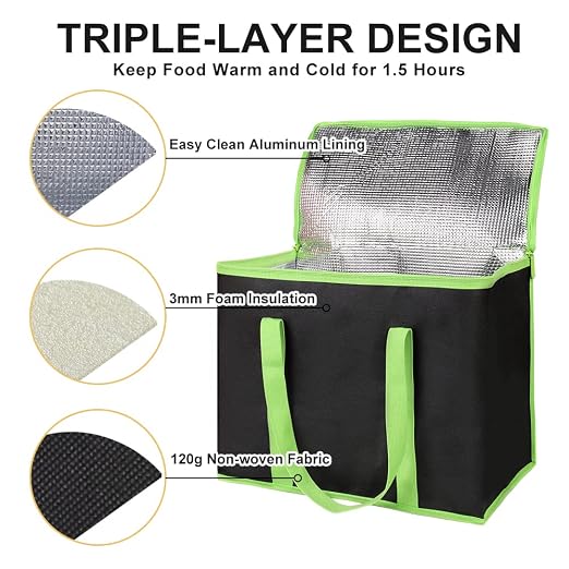 1-Pack Insulated Reusable Grocery Shopping Bag, X-Large, Black-Green | Insulated Food Delivery Bag, Commercial Catering Food Warmer, Tote Cooler Bag, Heavy Duty, Thermal/Frozen Food Storage Picnic