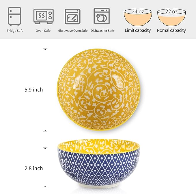 Selamica Ceramic Cereal Bowls Set of 6, 24 Oz Deep Soup Bowls for Kitchen, 5.9 Inch Dessert Bowls for Salad, Pasta, Oatmeal, Ramen, Microwave Dishwasher Safe, Set of 6, Assorted Colors