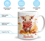 Hyturtle Personalized Fall Pig Maple Leaves Coffee Mug, Fall Autumn Décor | Birthday Gifts For Piggy Lovers - Pig Themed Gifts For Farmhouse Thanksgiving - Custom Name 11oz White Ceramic Coffee Tea Mug