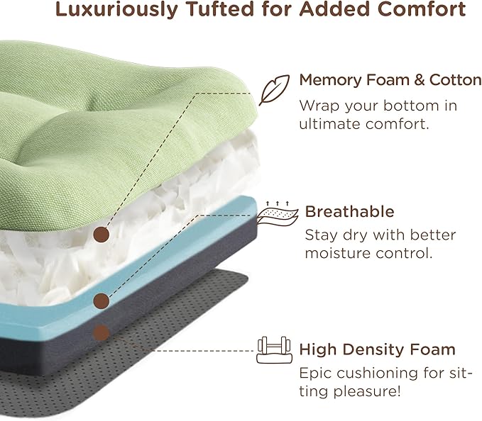Codi Dining Chair Cushions 4 Pack, Thick Chairs Pads for Indoor Kitchen Room - Washable, Non-Slip Memory Foam Seat Cushion with Ties, 16.5"x16.5"x 3.5", Set of 4, Sage