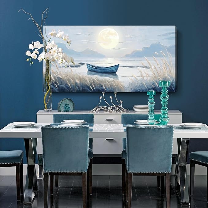 Large Wall Art for Living Room Bedroom Decor - Modern Nautical Beachy Ocean Beach Seascape Nature Artwork with Blue Boat Moon Lake Mountain Sea - Relaxing Serene Canvas Picture for Coastal Rustic Home
