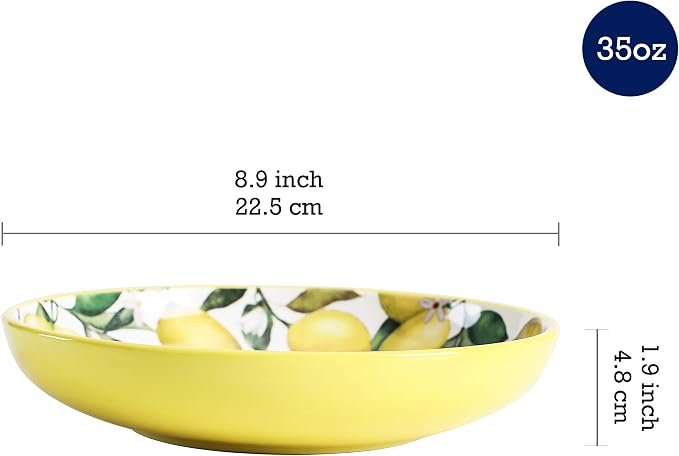 Bico Lemon Dreams Pasta Bowls, 35oz Salad Bowl Set of 4, Large Ceramic Serving Dinner Bowls for Soup and Cereal, Microwave and Dishwasher Safe, Gift for Housewarming and Thanksgiving