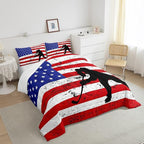 Erosebridal American Flag Comforter Set Queen, Hockey Bedding Set United States Sports Games Down Comforter for Kids Boys Teens Bedroom, Red White Geometric Stripes Duvet Sets with 2 Pillowcases