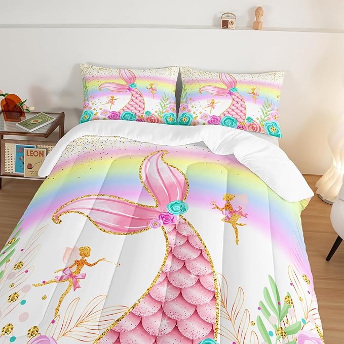 HOSIMA Mermaid Comforter with 2 Pillowcases,Girly Rainbow Bedding Set Glitter Pink Mermaid Tail Comforter Set,Flower Fairies Rose Gold Comforter Set,Floral Queen Comforter Set.