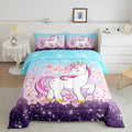 Unicorn Comforter Set Twin, Kids Unicorn Floral Bedding for Girls Boys Children Bedroom Decor, Cherry Blossoms Glitter Down Comforter Galaxy Kawaii Quilt Set with 1 Pillowcase, Blue Purple Ombre