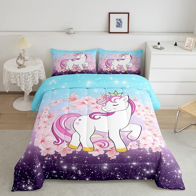 Unicorn Comforter Set Twin, Kids Unicorn Floral Bedding for Girls Boys Children Bedroom Decor, Cherry Blossoms Glitter Down Comforter Galaxy Kawaii Quilt Set with 1 Pillowcase, Blue Purple Ombre