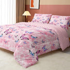 Datura home Kids Comforter Set Girls Pink Flower Butterfly Printed Pattern Quilt Bedding with 1 and 2 Pillowcases for Bedroom All Season(Pink Queen) Queen 90x90inches