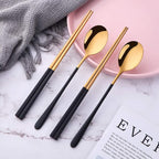 TEAHA Reusable Korean Chopstick and Spoon Set,4 Sets Long Handle Stainless Steel Spoon and Chopsticks Set,Metal Chopsticks Dishwasher Safe, Black Gold.