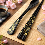 Premium Japanese Chopsticks with Spoon Reusable [ Made in Japan ] Traditional Lacquer Art Wooden Chopsticks (Gold Flower BK(YM2001))
