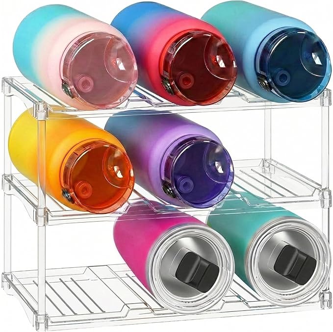 Lifewit Stackable Bottle Storage Organizer, Clear Freestanding Wine Holder for Cabinet, Large Slot Water Bottle Tumbler Cup Organizer for Pantry, Plastic Wine Rack for Fridge Cellar, 3Tier Hold 9