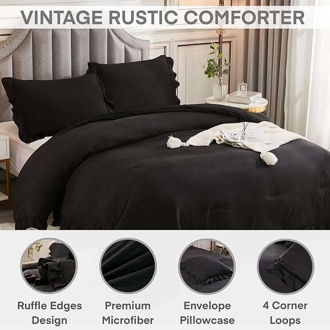 Andency Black King Size Comforter Set, 3 Pieces Farmhouse Shabby Chic Bedding Comforters & Sets, Soft Fluffy Lightweight All Season Down Alternative Bed Blanket Set