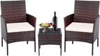 Patio Set 3 Piece Outdoor Rattan Porch Furniture with Tempered Glass Side Table & Cushion All Weather Conversation Bistro Set for Balcony,Deck,Porch (Brown/Beige)