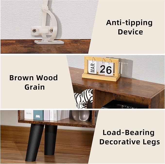 LEYAOYAO 8 Cube Bookshelf,3 Tier Bookcase with Legs,Rustic Brown Mid-Century Modern Bookshelves,Large Open Storage Organizer Shelf, Wooden Book Case