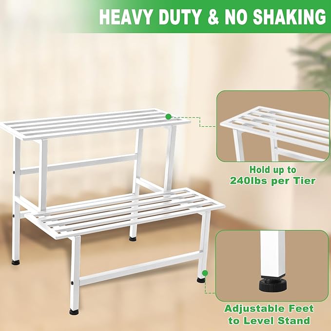 Metal Plant Stand Outdoor Plant Shelf Indoor,2 Tier Heavy Duty Ladder Plant Stands for Multiple Plants,26" L x 20.25" H x 17.75" W,White