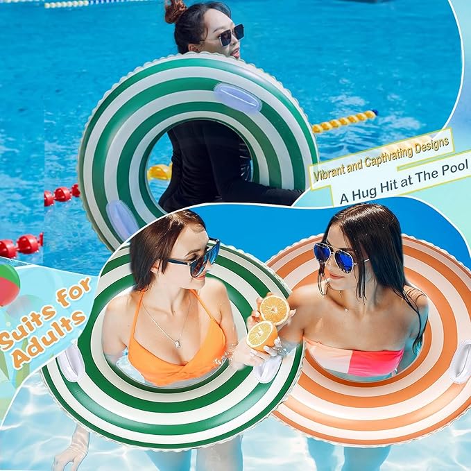 2 PCS Striped Pool Floats for Adults Swimming Rings Tube with Handles -Inflatable Pool Float Tube for Adults Pool Floats for The Beach, Party, Vacation