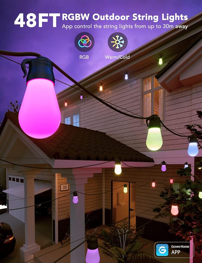 Govee Smart Outdoor String Lights H7015, 48ft RGBIC Outdoor Lights with 15 Dimmable LED Bulbs, IP65 Waterproof, Color Changing Warm White Lights with 47 Scene Modes for Patio, Backyard, App Control