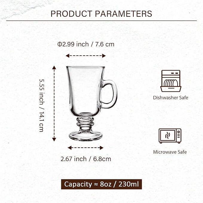 Glass Coffee Cups - 8 Oz Irish Coffee Mugs Set of 6 | Glass Cups with Handle, Footed Clear Cappuccino Cup, for Hot Cold Beverages, Lead-free, BPA free