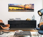 Philadelphia Skyline Wall Art Cityscape Living Room Decor Panorama Pictures City Building House Poster Canvas Print Bridge Sunset Scenery Office Bedroom Decorations Framed 13.8"x45.3"