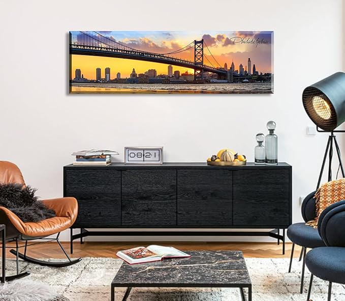 Philadelphia Skyline Wall Art Cityscape Living Room Decor Panorama Pictures City Building House Poster Canvas Print Bridge Sunset Scenery Office Bedroom Decorations Framed 13.8"x45.3"