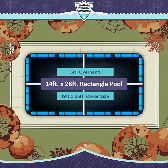 Buffalo Blizzard Deluxe Winter Cover for 14 ft x 28 ft Rectangle Inground or Above Ground Swimming Pools | Blue/Black Reversible | 5-Foot Additional Material