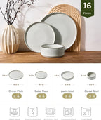 Famiware Annecy Plates and Bowls Sets, Service for 4 (16 Pieces), Dinnerware Sets with Pasta Bowls, Microwave and Dishwasher Safe Dishes Set, Chip and Scratch Resistant, Grey-White