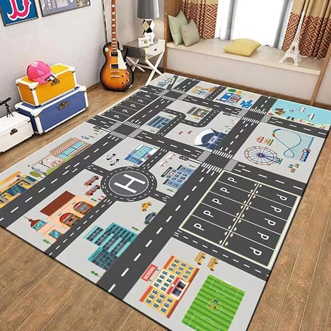 Kids Rug Play Mat Great for Playing with Cars and Toys,Educational Kid Road and Traffic City Life Carpet,Children Baby Fun Throw Rug for Bedroom Play Room,71X106Inch/180X280CM