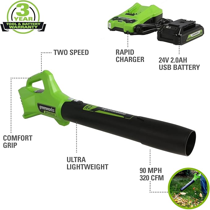 Greenworks 48V (2x24V) Cordless Yard Tool Combo - 21" Self - Propelled Lawn Mower, 12" Trimmer, Blower + 24V Cordless Battery Car Jack