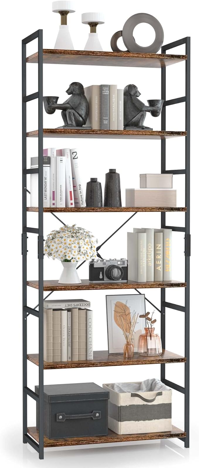 OTK 6 Tier Adjustable Bookshelf, Tall Bookcase, Office Shelf Storage Organizer, Modern Book Shelf for Living Room, Bedroom, and Home Office, Vintage