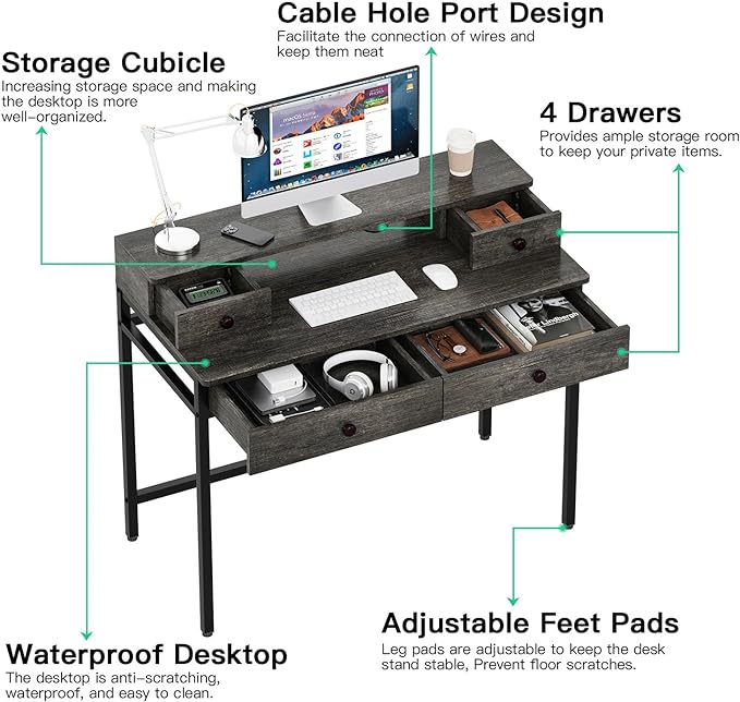 Elephance Small Computer Desk with Monitor Stand 39.37" Home Office Desk with 4 Drawers Study Writing Desk Gaming Table for Small Space