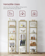 VASAGLE Bookcase, 6-Tier Bookshelf, Slim Shelving Unit for Bedroom, Bathroom, Home Office, Tempered Glass, Steel Frame, Metallic Gold ULGT500A01