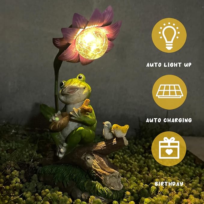 Garden Decor Statues, Outdoor Funny Frog Statue, Solar Frog Gift Sculpture Decoration for Home Patio, Yard, Lawn, Porch, Ornament