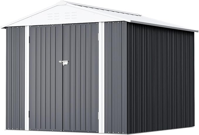 GUNJI 8 x 6 FT Shed Outdoor Storage Shed Metal Garden Shed with Lockable Door Outside Waterproof Tool Shed for Backyard, Patio, Lawn (Gray)
