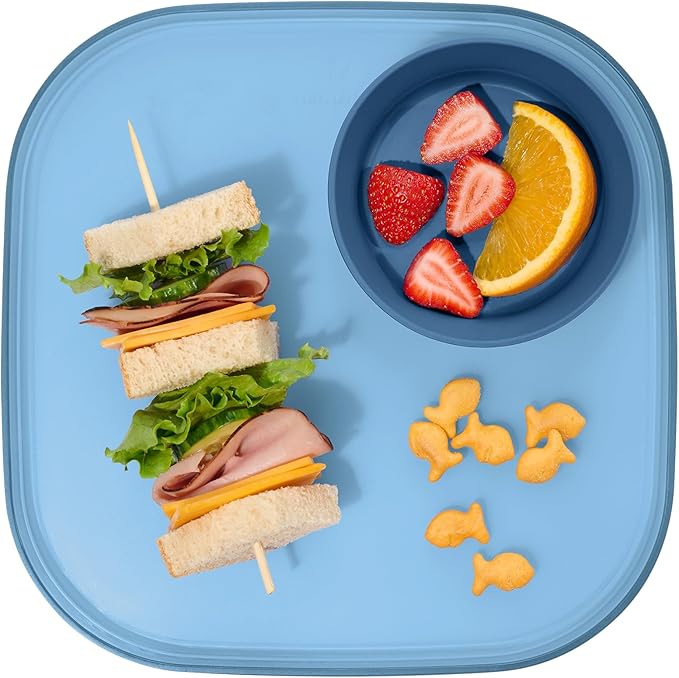 Madesmart Dipware Reusable Dining Plate/Serving Tray for Appetizers and Snacks, Food-Safe Appetizer Serving Platter with Removable Dip Bowl, Blue