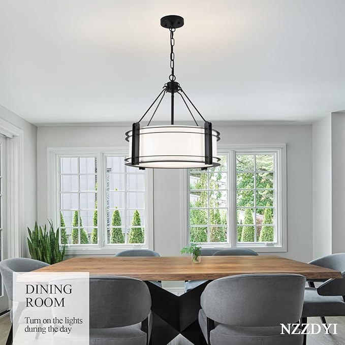 16.3''Black Drum Chandelier 3-Light Modern Farmhouse Chandelier with White Fabric Shade Adjustable Drum Pendant Light Fixture for Dining Room Kitchen Island Hallway Living Bedroom