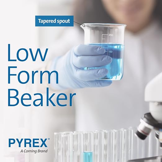 PYREX Griffin Borosilicate Glass Beaker- Low Form Graduated Measuring Beaker with Spout– Premium Scientific Glassware for Laboratories, Classrooms or Home Use - PYREX Chemistry Glassware, 250mL, 12/Pk
