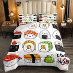 Erosebridal Kawaii Sushi Pattern Comforter Set King, Japanese Style Down Comforter, Food Theme Quilted Duvet for Kids Boys Girls Teens, Cute Cartoon Japanese Sushi Quilt Set Room Decorative