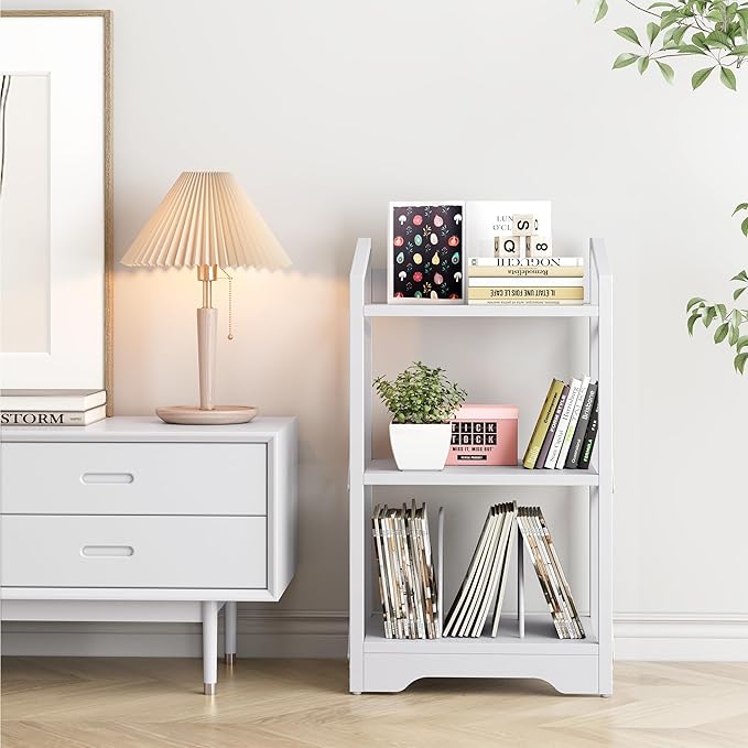 Vagusicc 3 Tier Bookshelf, Small Book Shelf Industrial Bookshelf, Wood Short Book Shelf Office Shelves with Metal Frame, White Open Shelf Storage Organizer Bookcase for Living Room Bedroom, White