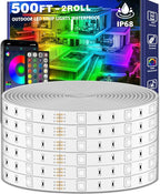 500ft Outdoor LED Strip Lights Waterproof,IP68 Outside Led Light Strips Waterproof with App and Remote,Music Sync RGB Exterior Led Rope Lights with Self Adhesive Back for Deck,Balcony,Pool