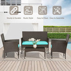 FDW 4 Pieces Patio Furniture Set Wicker Patio Conversation Set with Rattan Chair Loveseats Coffee Table for Outdoor Indoor Garden Backyard Porch Poolside Balcony,Brown Wicker/Blue Cushions