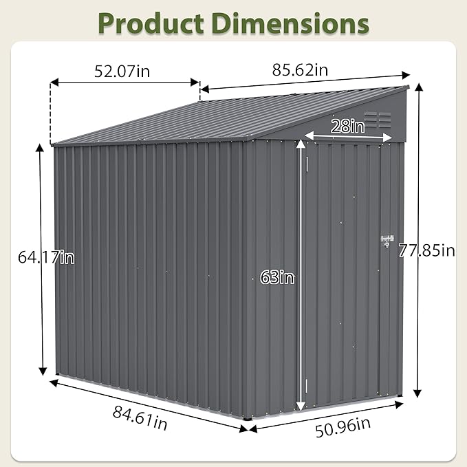 4 × 7 FT Lean to Storage Shed, Outdoor Metal Wall Side Bike Mower Sheds & Outdoor Storage Cabinet, Lockable Tool Organization Shed for Garden Patio