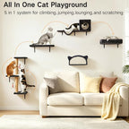 5-in-1 Cat Wall Shelves for Indoor Cats, Wall Mounted Cat Furniture Set with Bed, Perch, Hideaway Condo, Scratching Post & Scratcher, Cat Climbing Wall Playground, Space Saving Design, Black