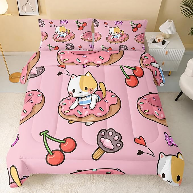 Kawaii Cat Comforter Twin Size,Doughnut Cherry Cat Comforter Set for Kids Teens Girls,3Pcs Bedding Set Printed Comforter with 2 Pillowcases,Soft and Lightweight(Pink，Twin Size)