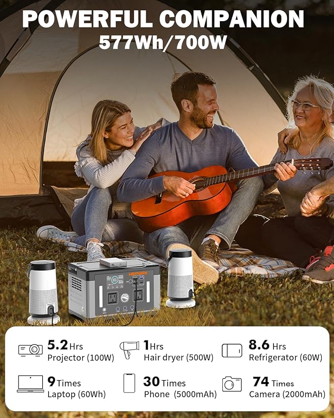 Portable Power Station 700W,577Wh Solar Generator Surge 1000W Pure Sine Wave 120V AC DC Outlets,Battery Powered Generator Home Backup Battery for CPAP,Home Emergencies,Camping,RVs,Blackout