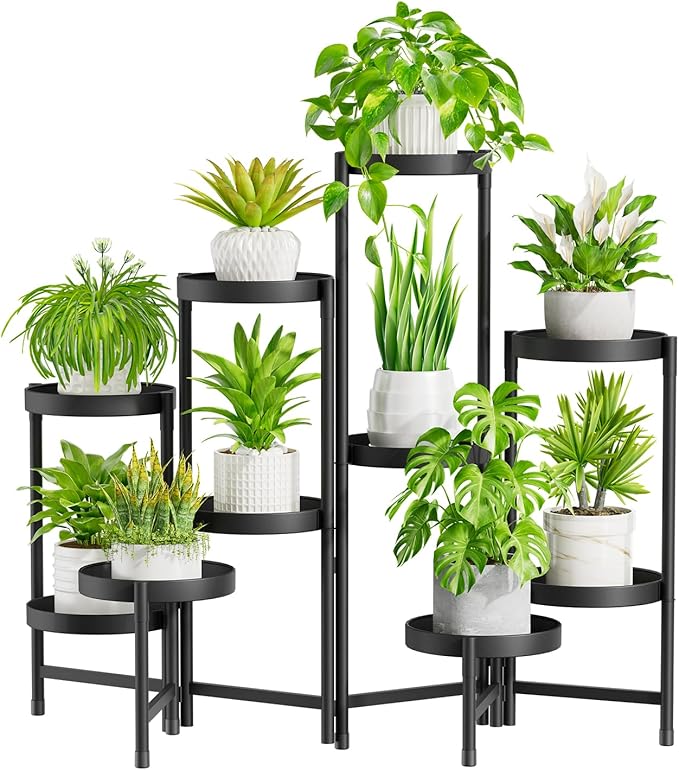 iDavosic.ly Plant Stand Indoor Outdoor, 10 Tier Corner Metal Flower Display Holder Shelf, Folding Tall Orchid Rack for Patio Balcony Porch Garden Living Room House, Black