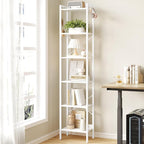 Bookshelf, Book Shelf, Industrial Bookcase with 2 Hooks, Coner Shelf Storage Organizer for Home Office, Living Room, Bedroom, Kitchen, 6-Tier White BC10713W